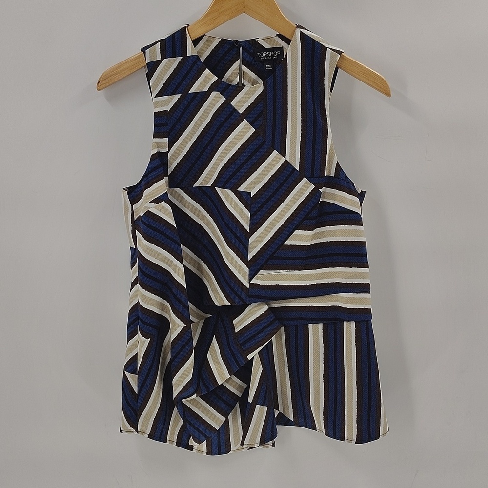 Topshop Striped Top Size 6 Sleeveless Blue And Brown Pullover Blouse Abstract
